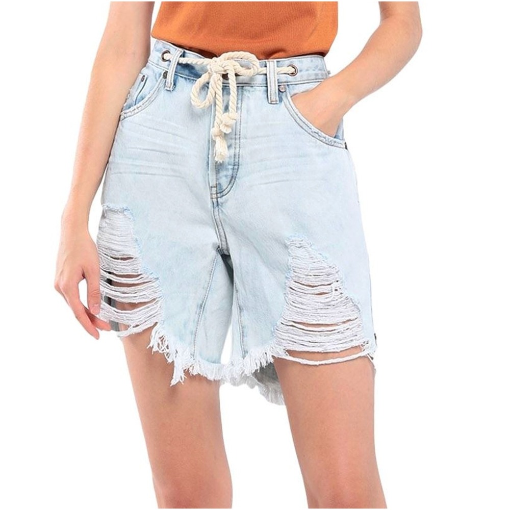 One Teaspoon Distressed Denim Shorts‎ Light Wash Rope Tie Frayed Hem
